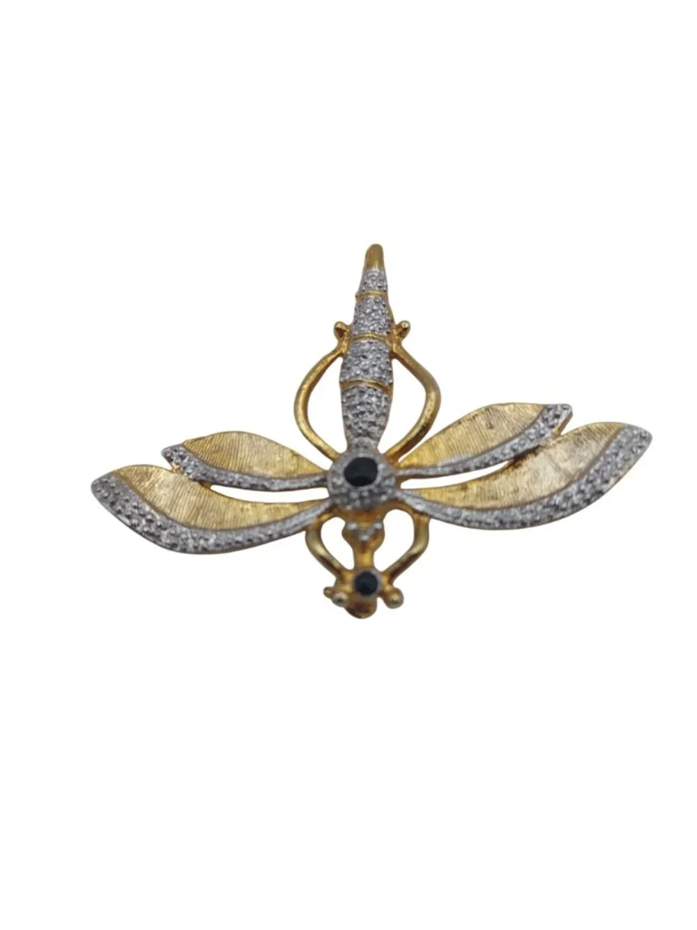 Dragonfly Brooch Pin Gold Tone Black & Silver Accents Bug Insect Art Vintage